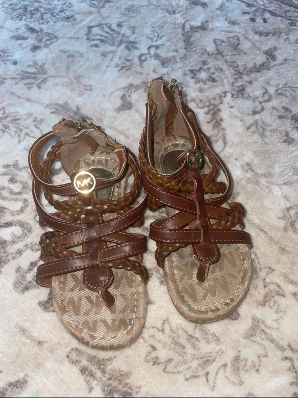 Michael Kors Girls' Brown Braided Leather Gladiator Sandals with MK Charm